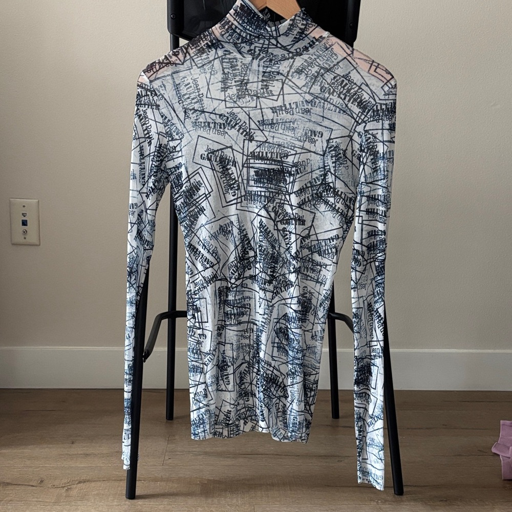Jean Paul Gaultier Mesh Abstract Print Long Sleeve Top in Black, Blue and White